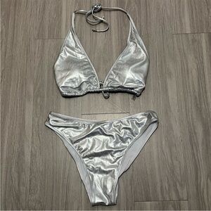 Zaful Metallic Silver Halter Bikini Set XL Y2K Festival Swimwear NWT